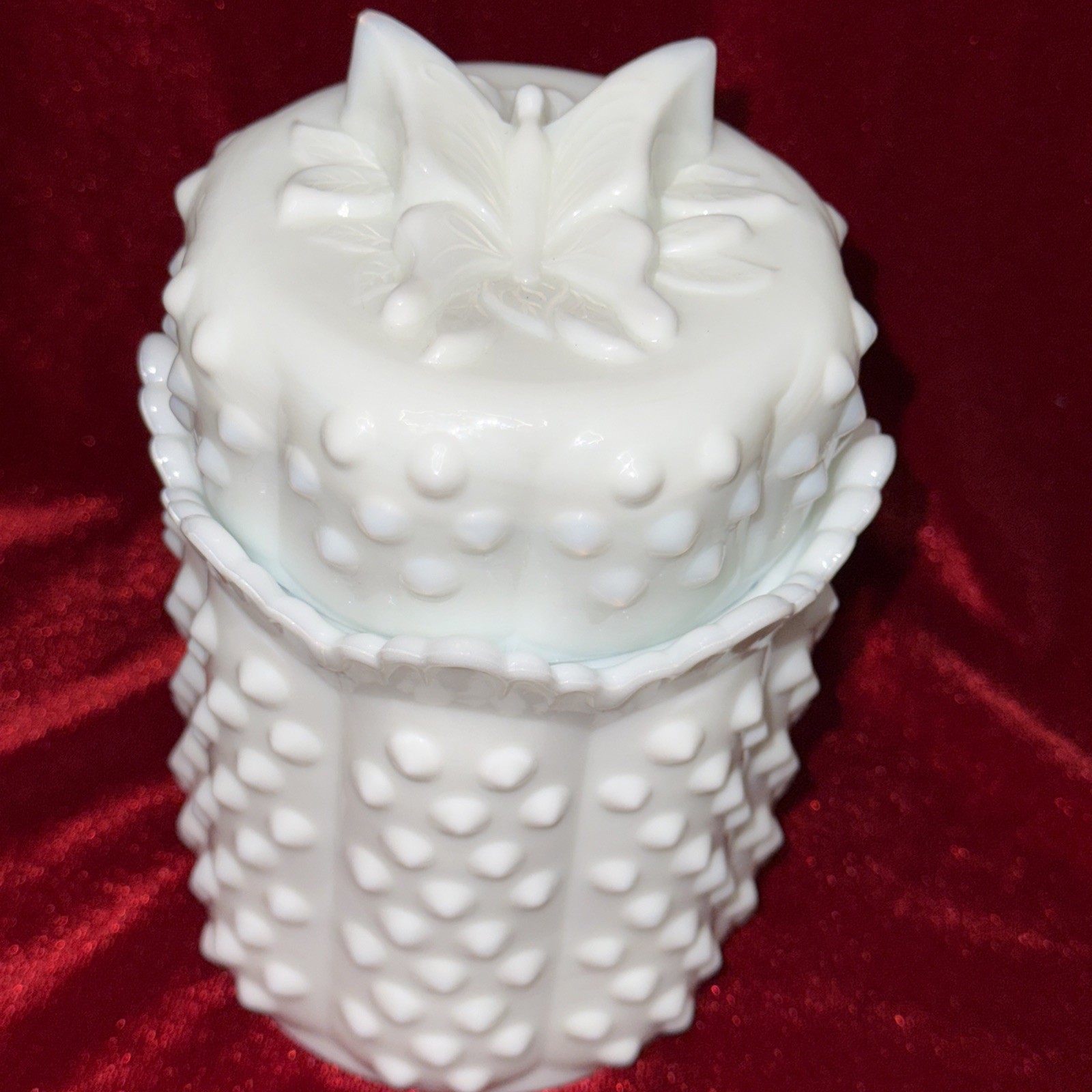 Vintage 6” Fenton 1970s Milk Glass Hobnail Jar Butterfly Lid Scalloped Edge