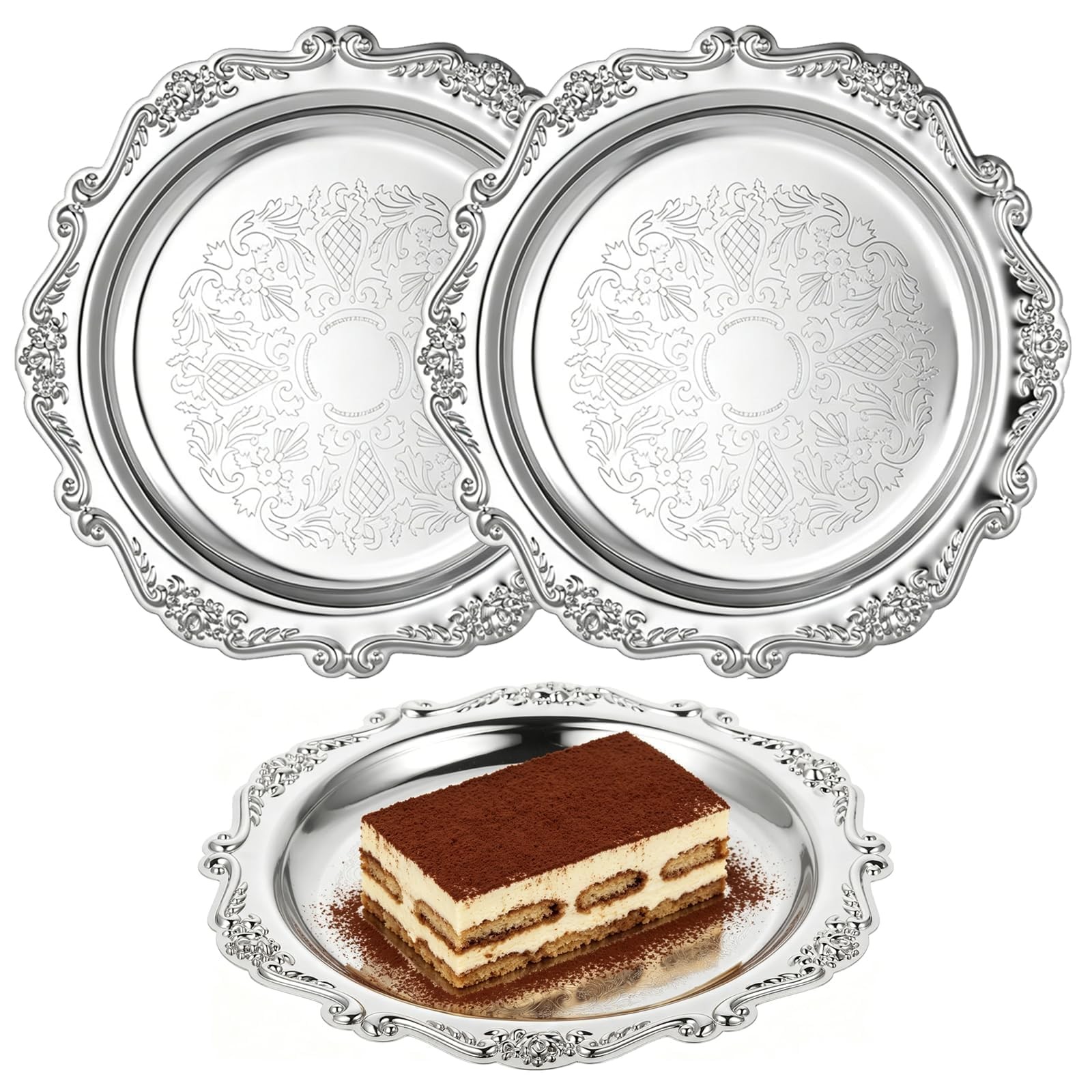 2PCS Silver Round Serving Trays for Party,Floral Engraved Serving Platters Vi…