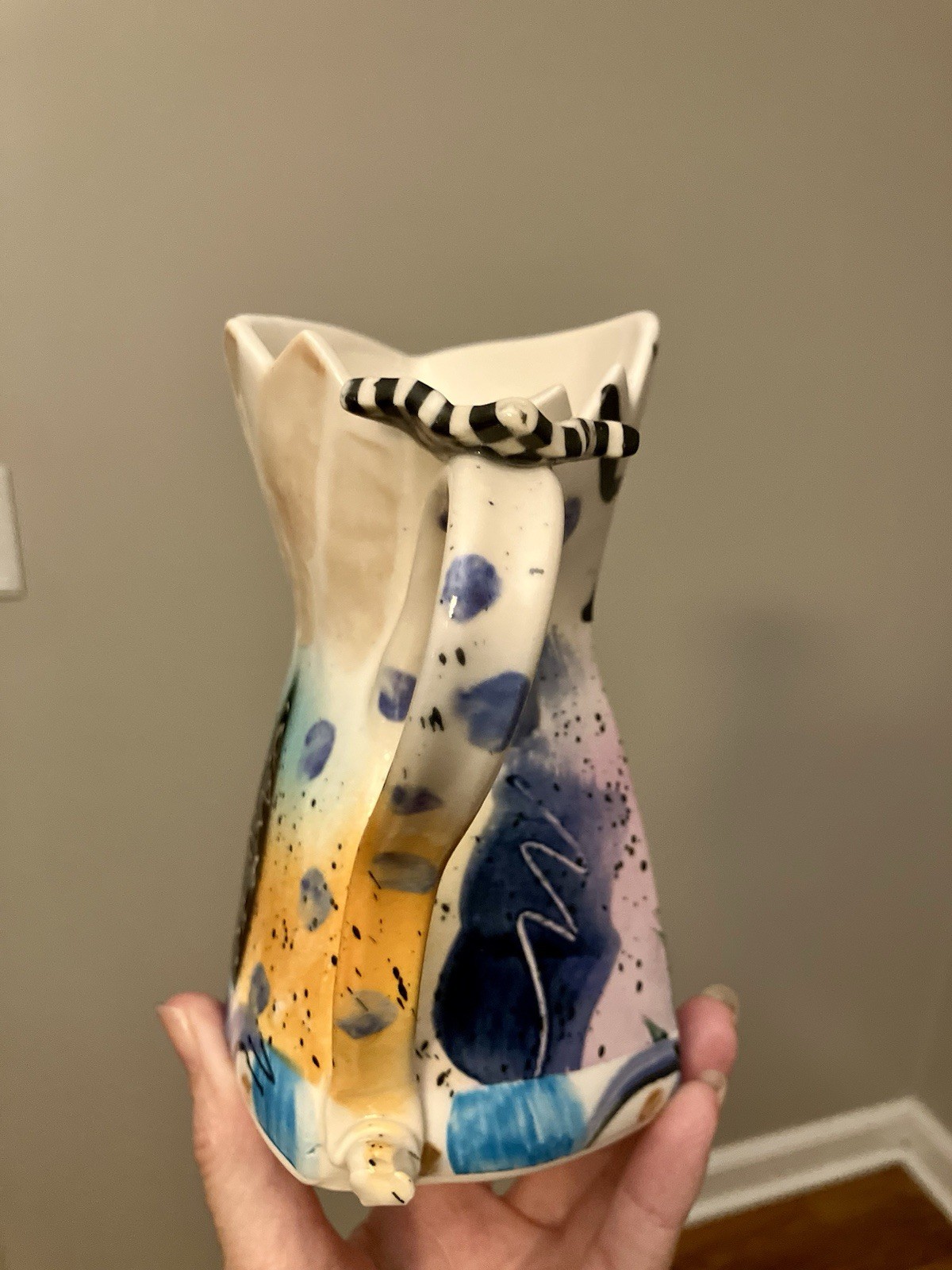 Caroline 1994 Signed Hand Painted Studio Art Pottery Pitcher Vase Postmodern