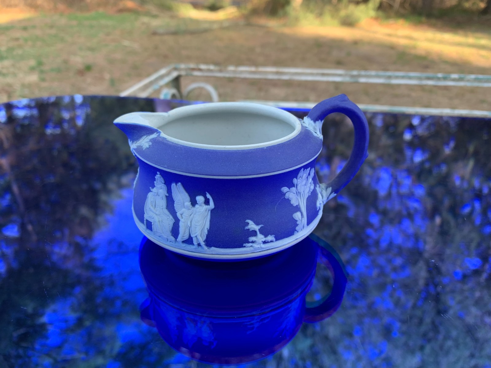 Wedgwood Jasperware Cobalt Blue Creamer 2 1/8″ Tall Made in England Circa 1900