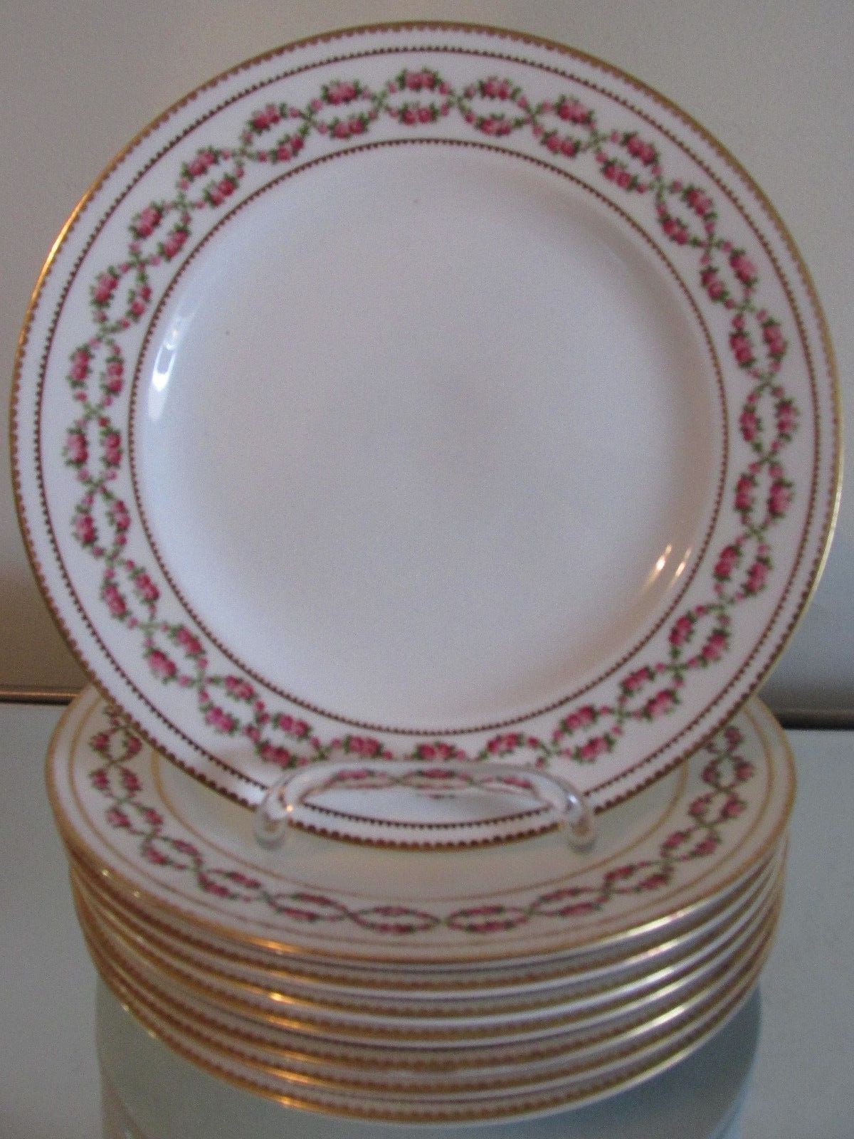 8 Antique English 9″ PLATES Pink ROSE GARLAND JE CALDWELL Phila Geo Jones & Sons