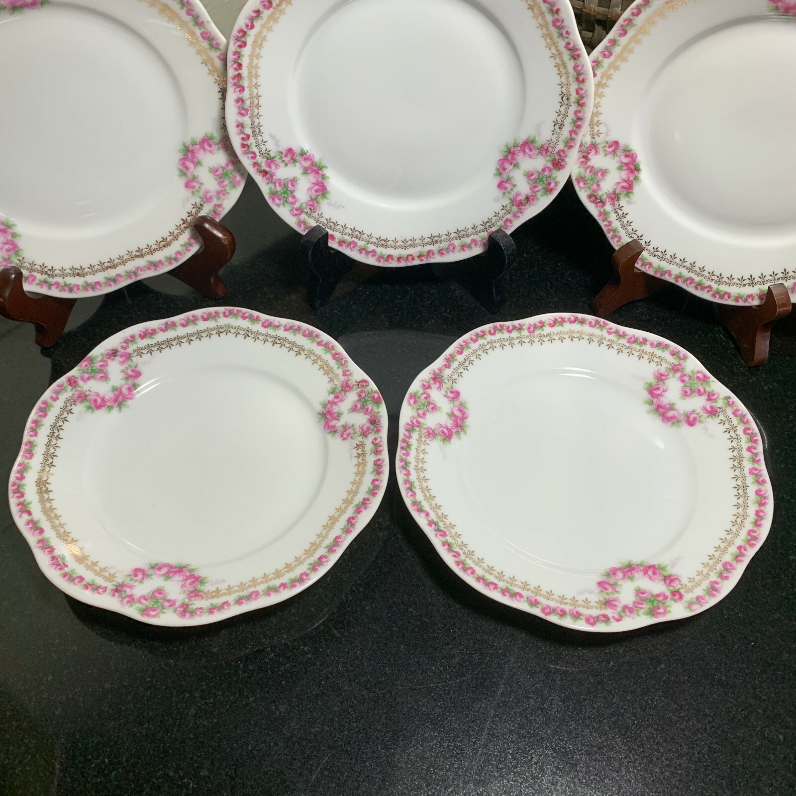 5 KPM Rose Garland or Swag 6 5/8″ Dessert Plates Made in Germany – Excellent