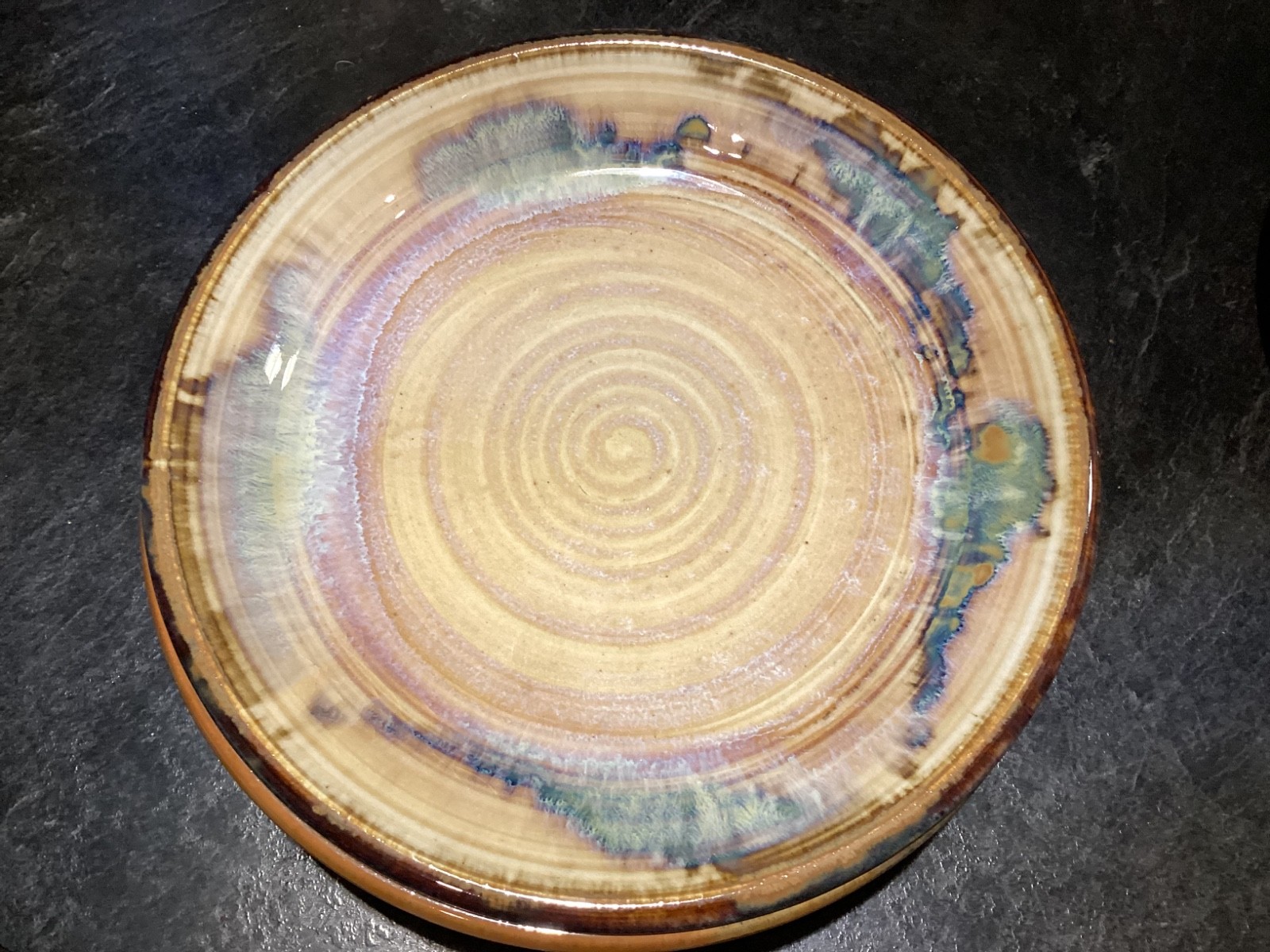 Vintage Greg Olson Handmade NINE Plates 7 1/2in Brown Rim Multicolor pre-owned