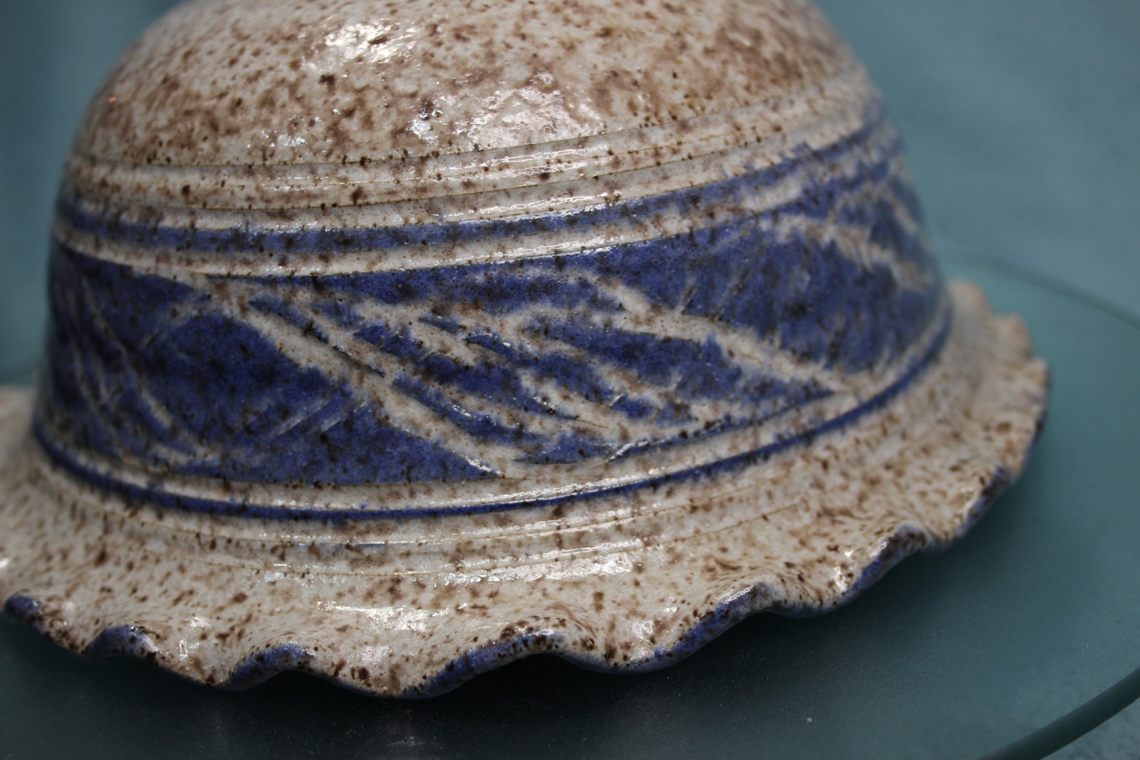 Vintage Studio Art Pottery Salt Glaze Stoneware Bowl Signed Blue Cobalt 9in