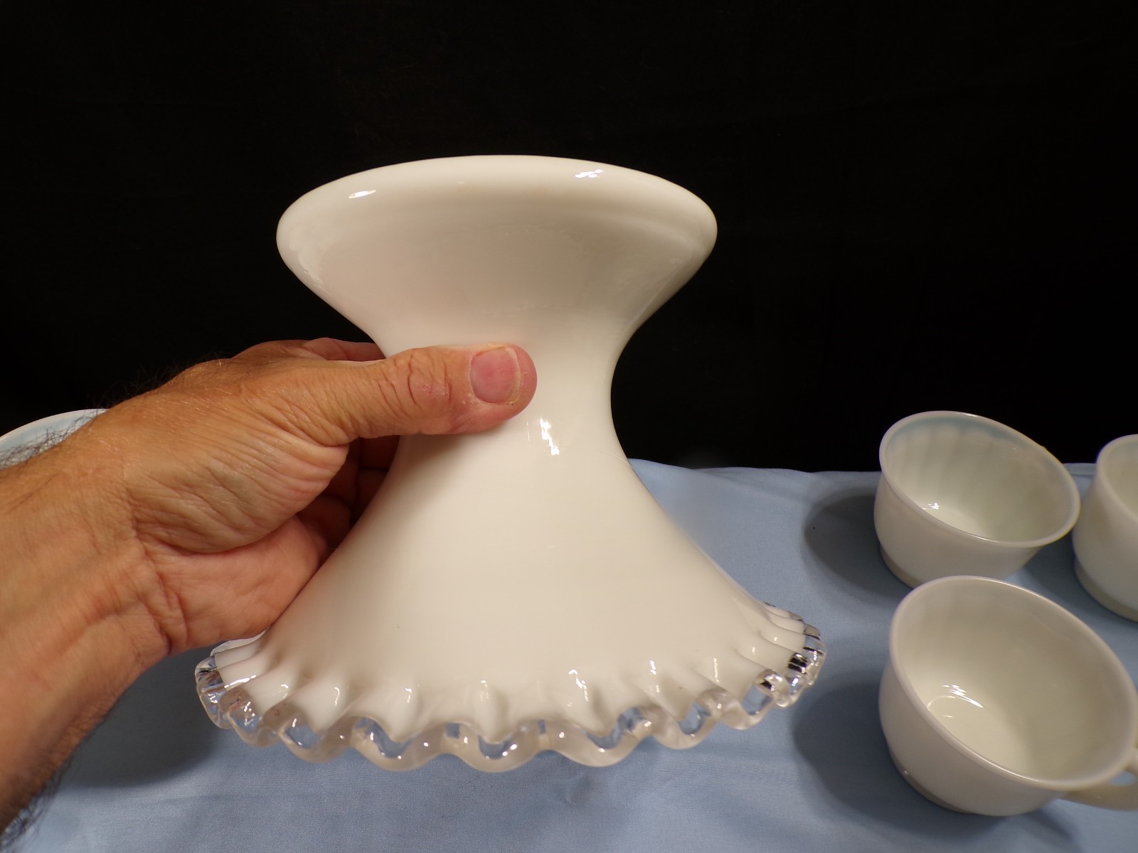 Very Large Fenton Milk Glass Silver Crest Punch Bowl Set w/ Stand & 12 Cups