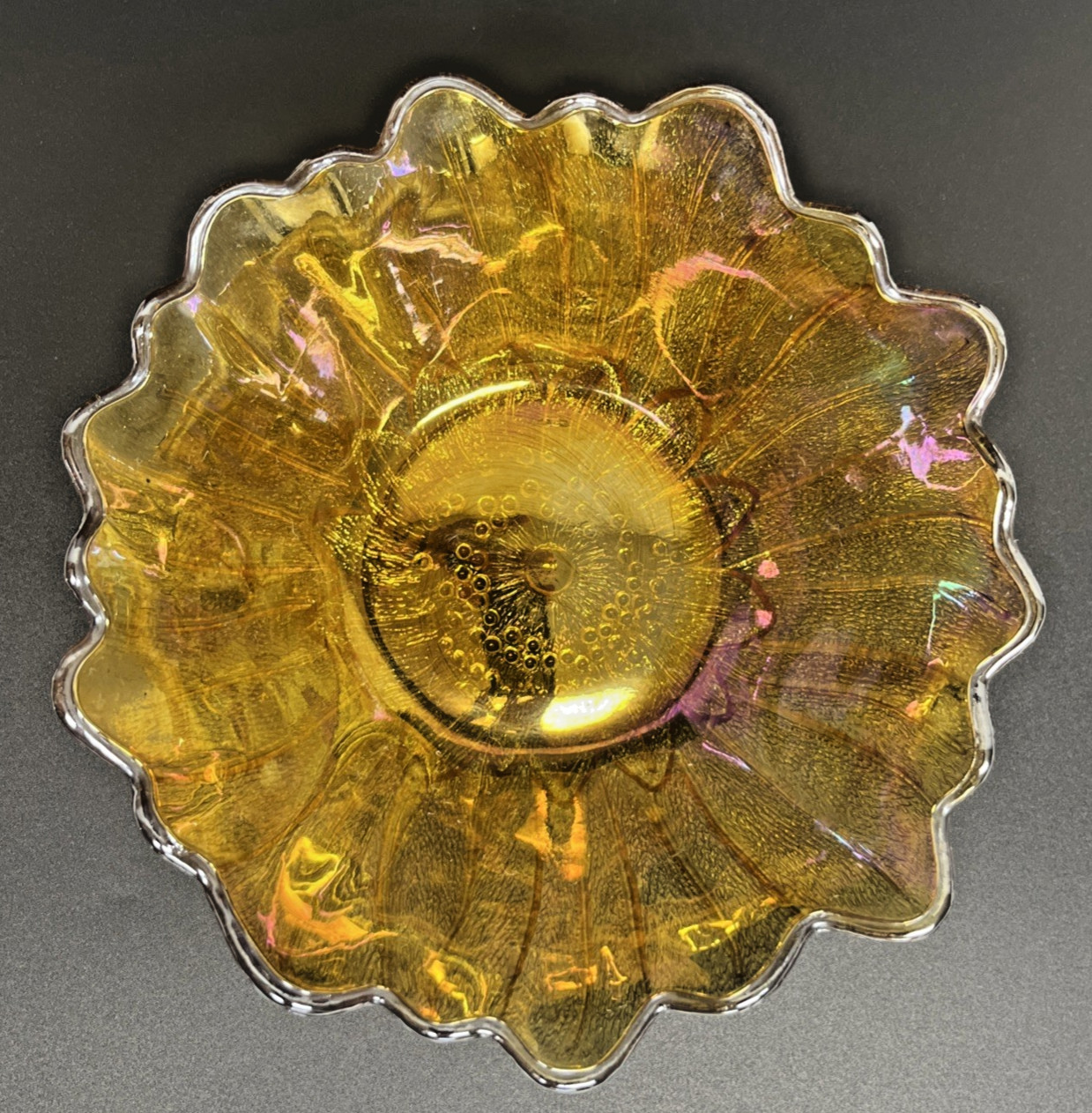 Indiana Iridescent Carnival Glass Bowl set of 2 VTG Sunflower Marigold Amber 7″