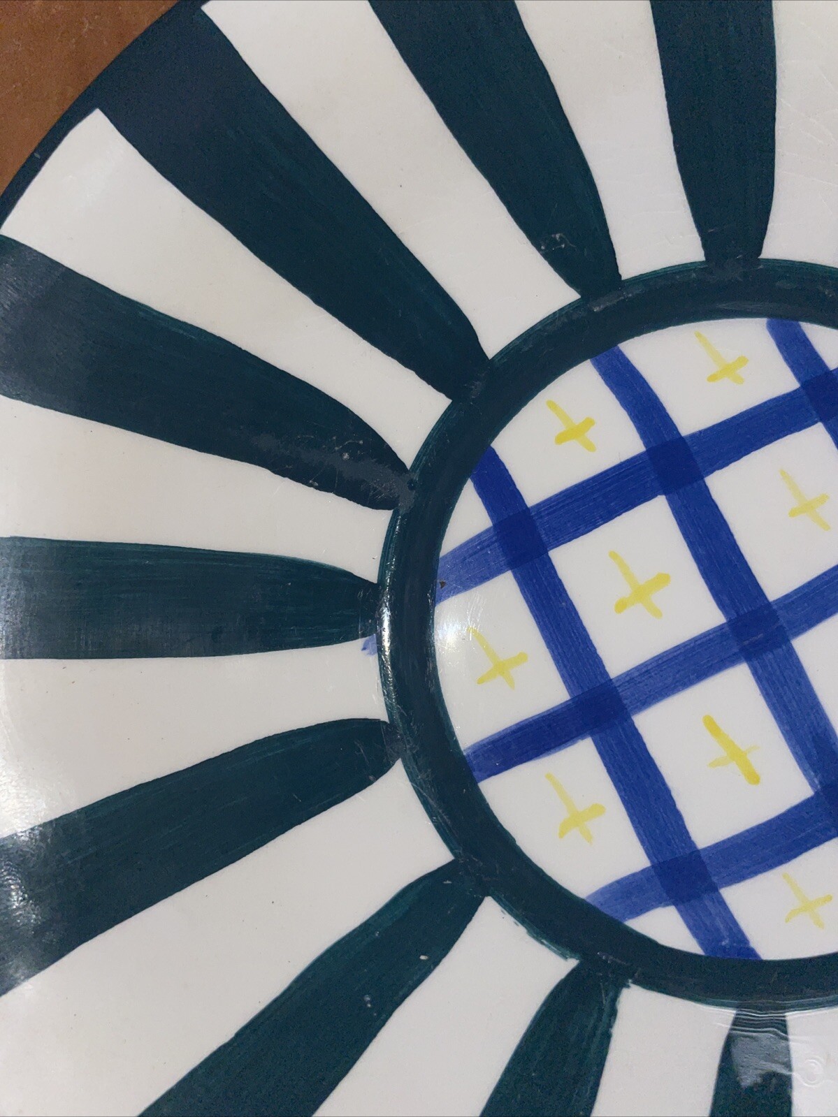 CBK Ltd LLC 1997 Striped Plate Green White Blue Yellow Geometric Hand Painted Sm