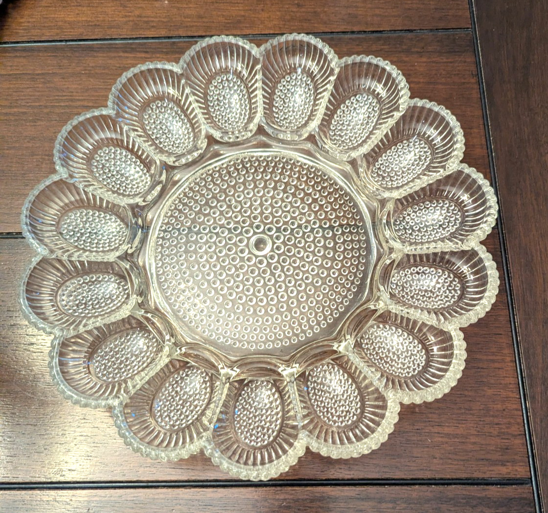 Vintage Indiana Glass Crystal Hobnail Deviled Egg Tray 11″ Plate Excellent