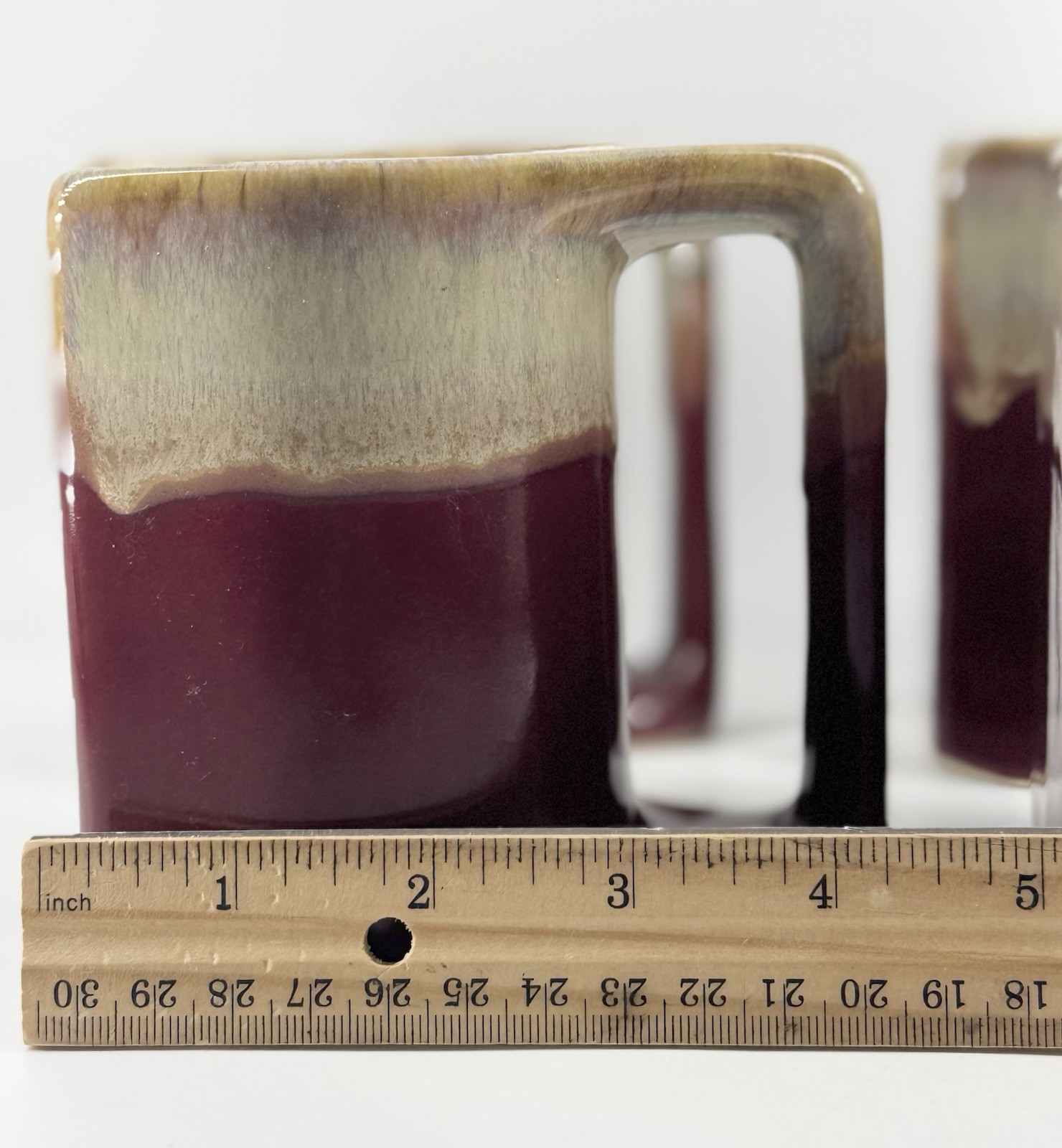 4 Rodolfo Padilla Mugs with Stand Signed Artisan Stoneware Drip Glaze Deep Red