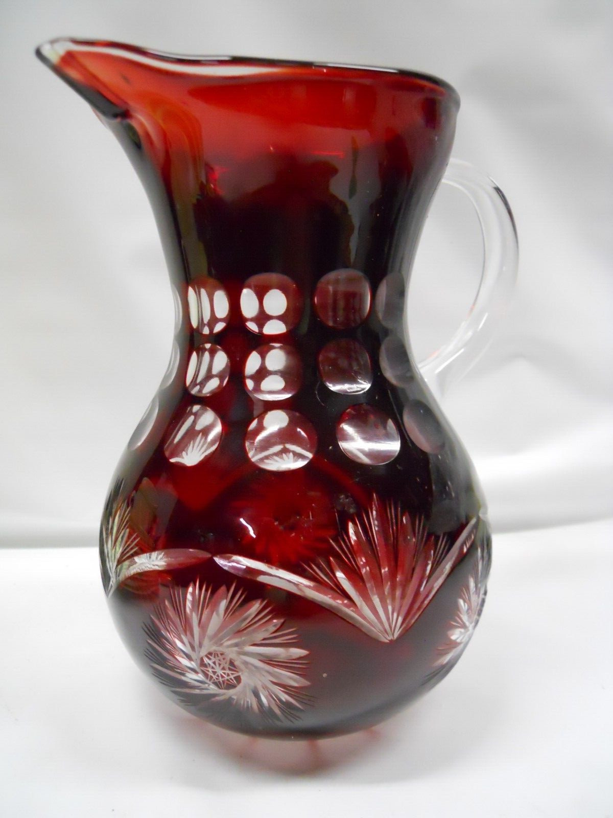 Clear Pitcher Boho Dark Ruby Red Czech Deep Glass 9″ tall clear glass handle