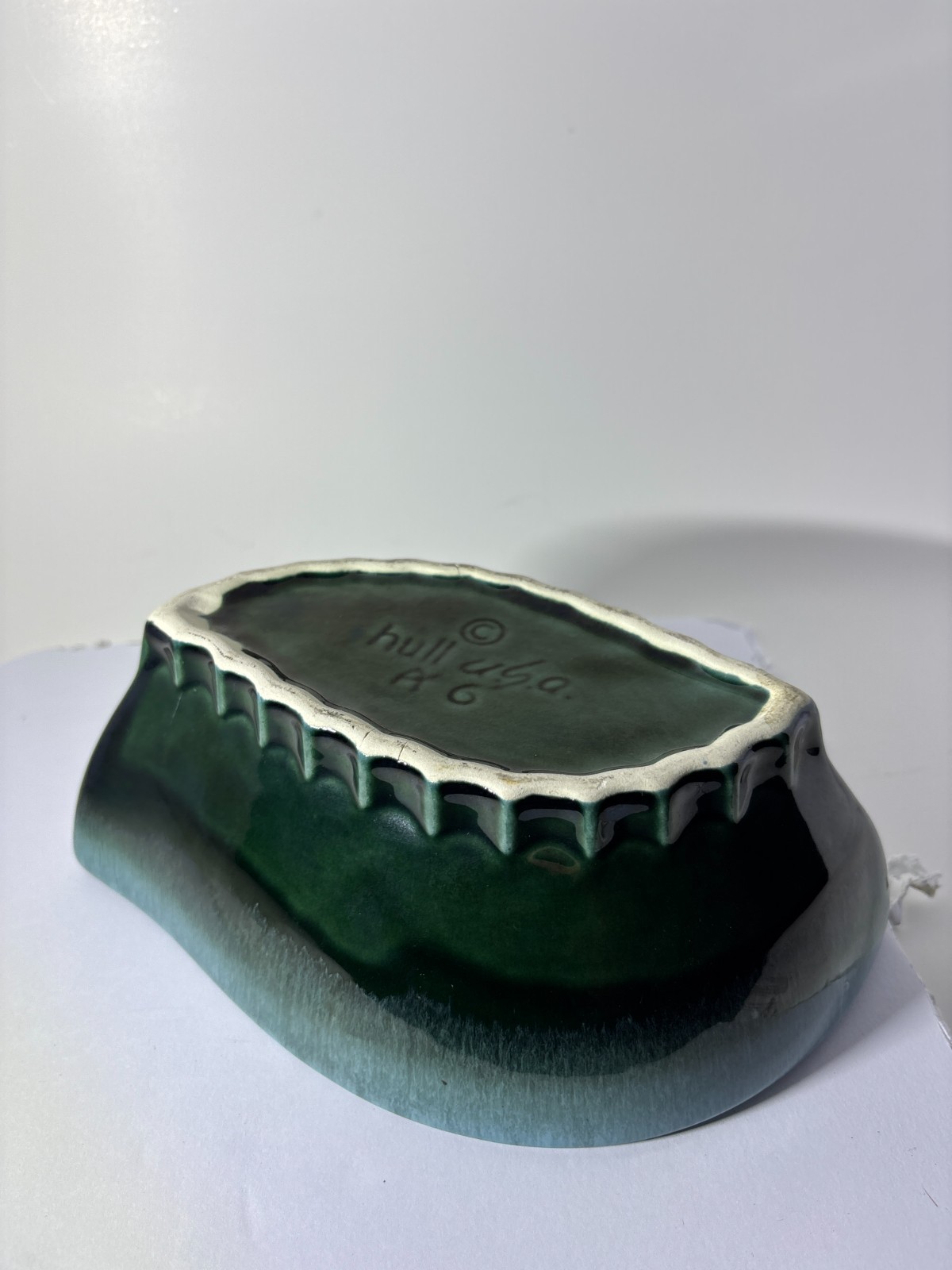 Vintage Hull USA Pottery Blue Green Drip Glaze Scalloped Bowl B-6 MCM