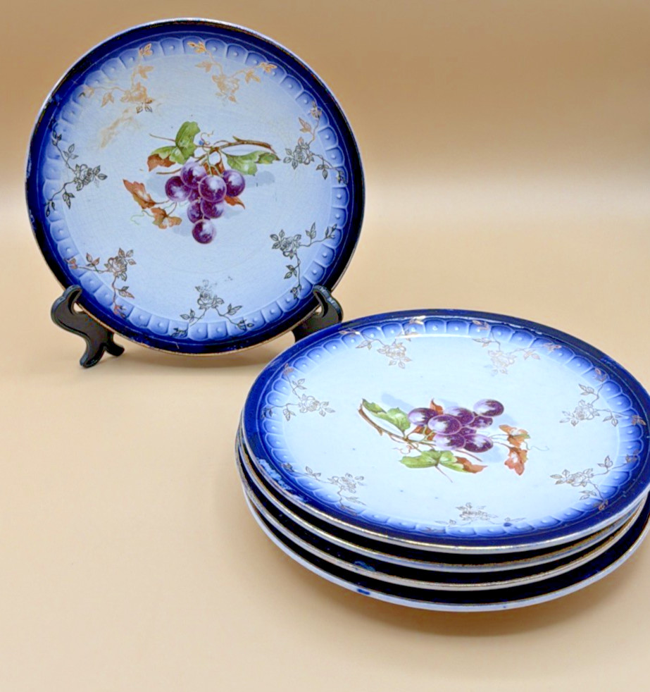 Set of 5 Vintage Decorative China Plates Blue Border Grape Motif 6.5″