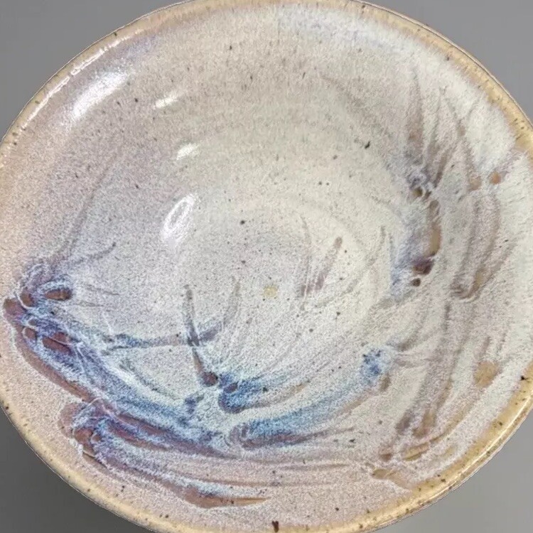 Handmade Studio Art Pottery Bowl Artist Signed 8” W 2.5” Tan Blue Purple Gray ￼