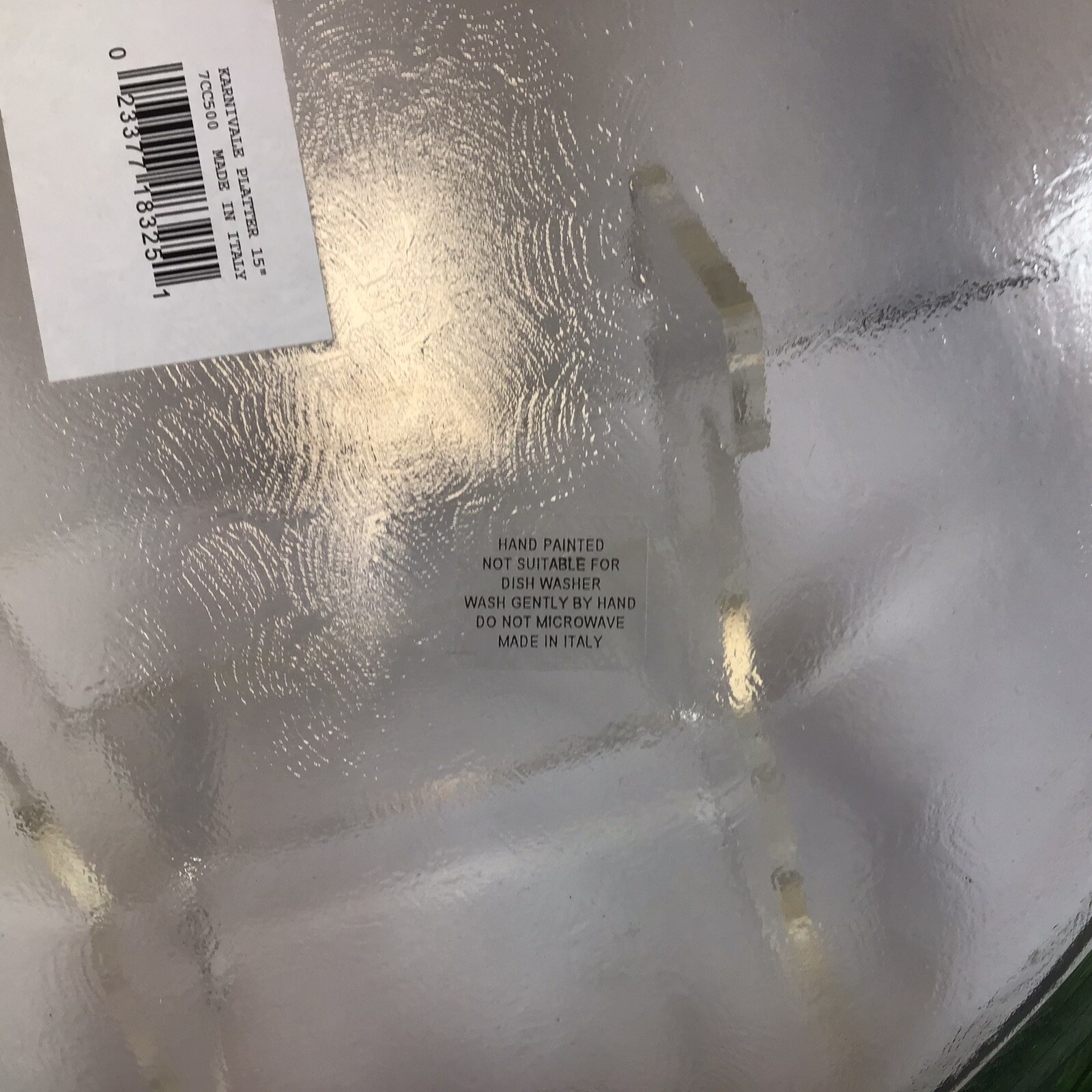 Italian Glass Round Serving Platter Low Bowl Hand Painted Geometric Edges 15”