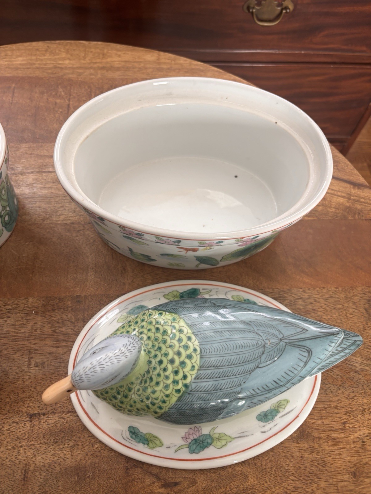 Pair Chinese Bok Choy Tobacco Leaf Green Blue Pink Lidded Duck Covered Dishes