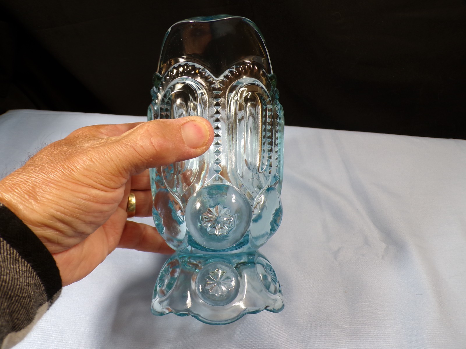 L.E. Smith Light Blue Glass Moon & Stars Creamer or Pitcher 6 1/4″ Tall