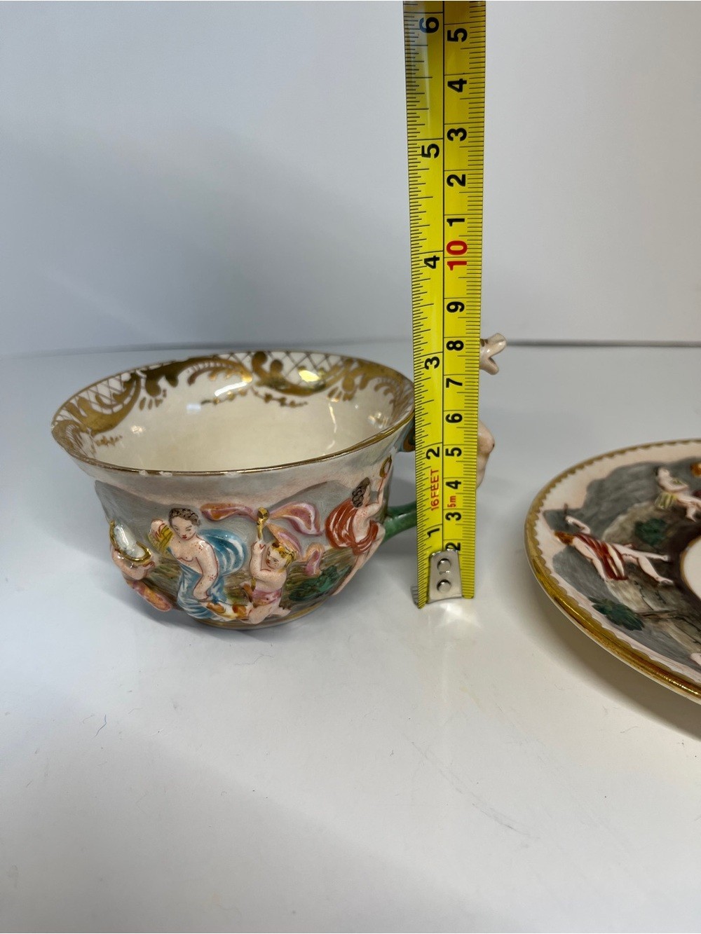 Vintage Capodimonte Italy Demitasse Teacup & Saucer MAS Cherub Dragon Handle MCM