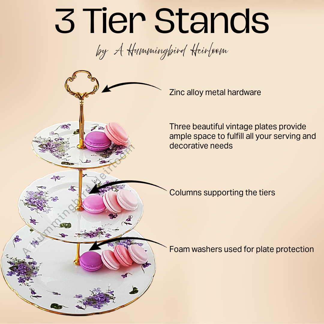 Vintage 3 Tier Cake Stand Bone China Porcelain Bluebird Floral Afternoon Tea