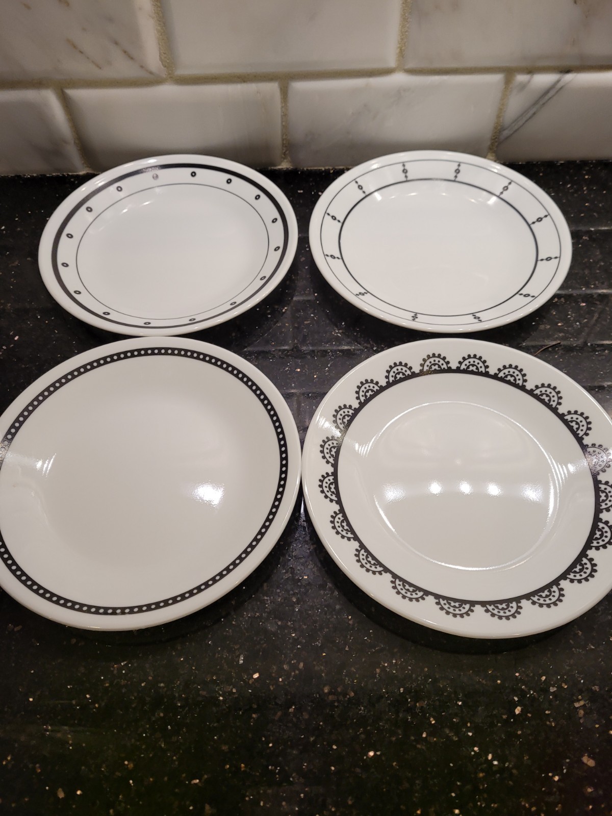 Lot of 4 Corelle Vitrelle Bread & Butter Plates Black White Mixed Pattern