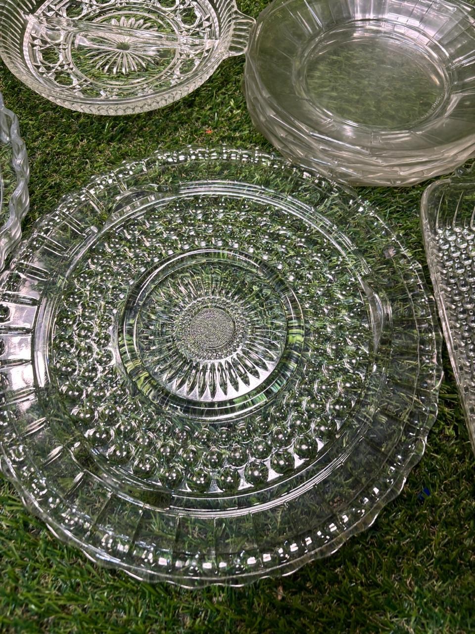 Vintage Clear Glass Serving Lot 10 Pc Plates Relish Tray Pie Plate Bubble USA