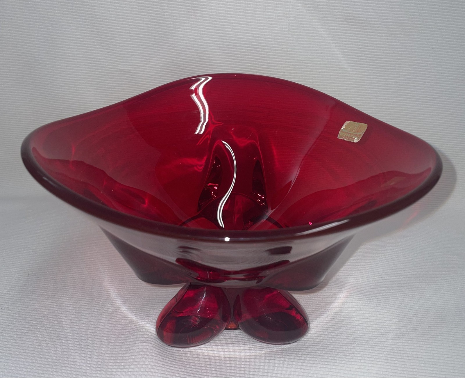 Viking Glass Ruby Red 3 Footed 3 Corner Bowl Original Sticker Attached 5 2/8 In.