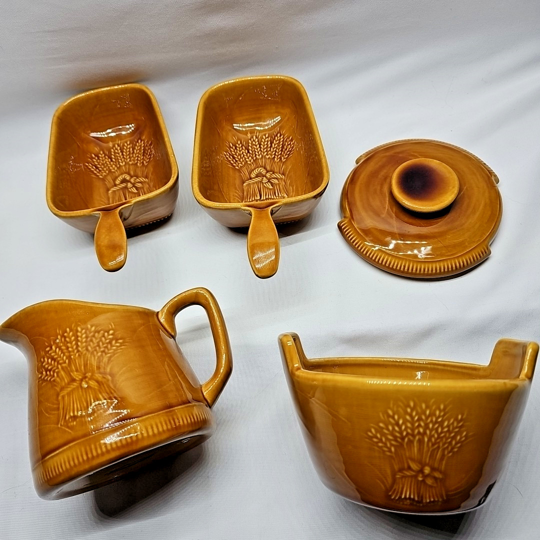 Franciscan BROWN WHEAT PATTERN Creamer and Sugar w/Lid & 2 Scoops CALIFORNIA