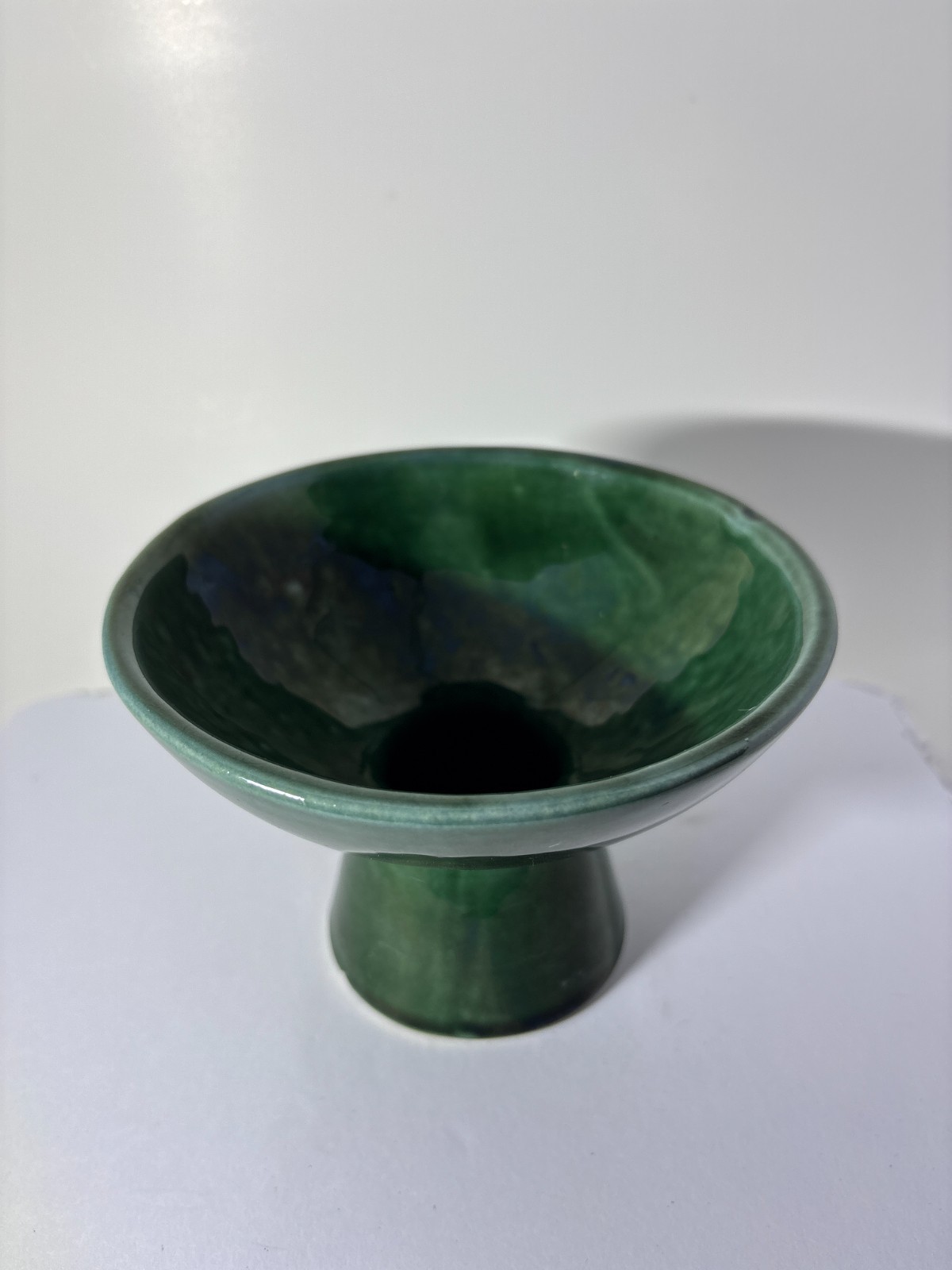 Vintage Mid-Century Modern Green Drip Glaze Pedestal Compote Bowl Art Pottery
