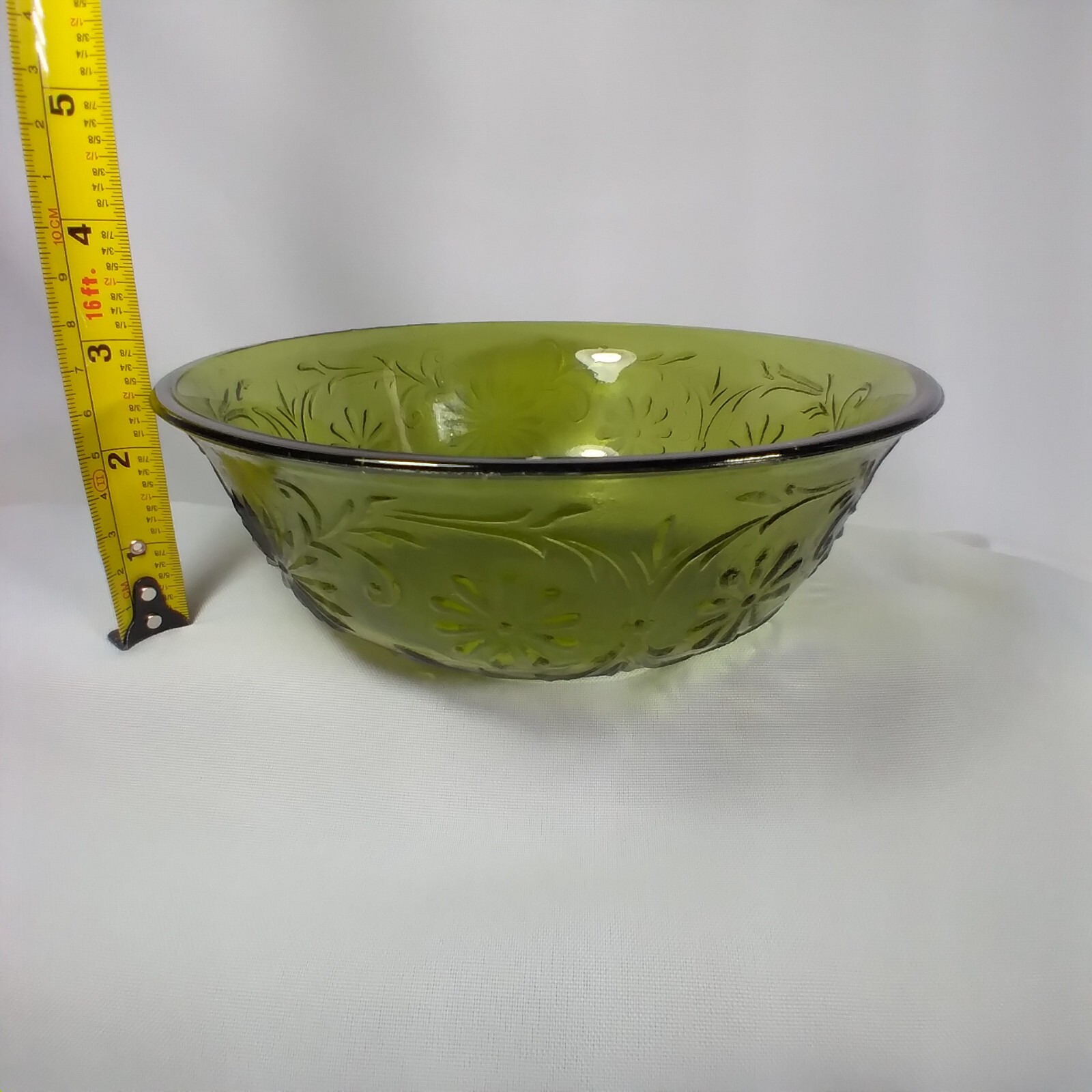 Vintage FTD 1979 Green Glass Serving Bowl Country Floral Pattern