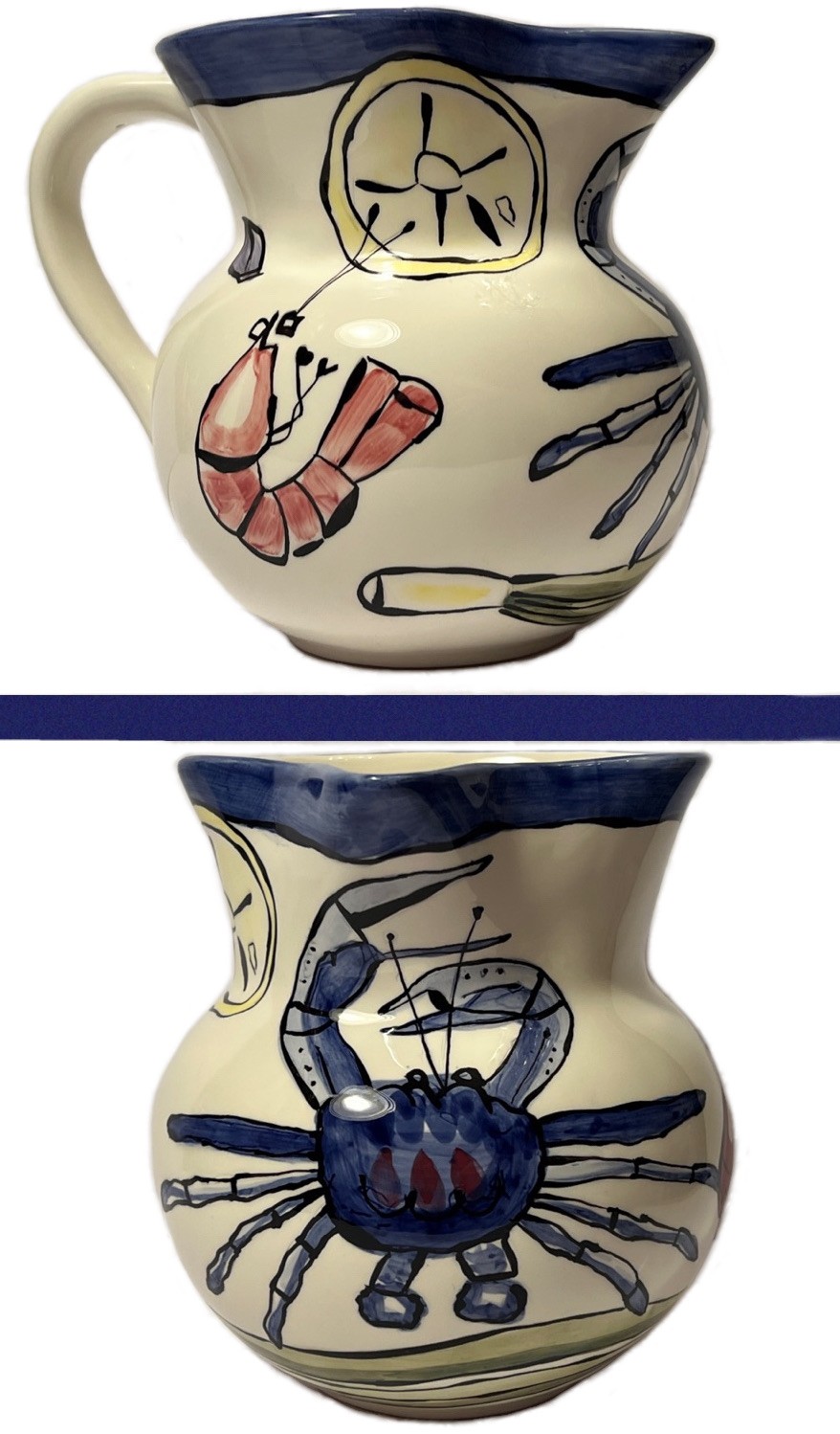 TIKA Seafood Pitcher Crab Shrimp Hand Painted Ceramic Hasslock New Orleans Drink