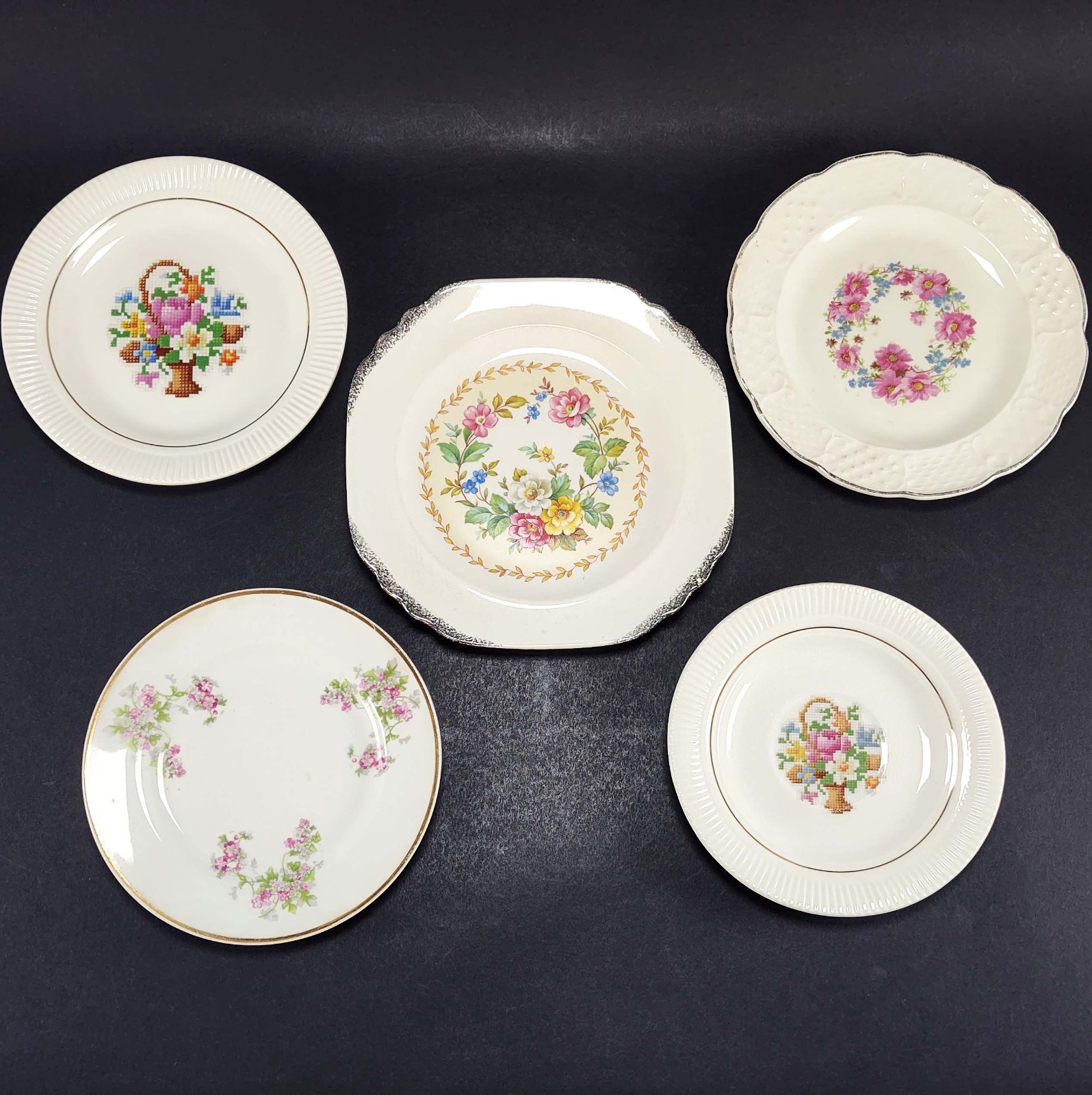 5 Mismatched China Salad Dessert Plates Granny Gallery Wall Display Crazed
