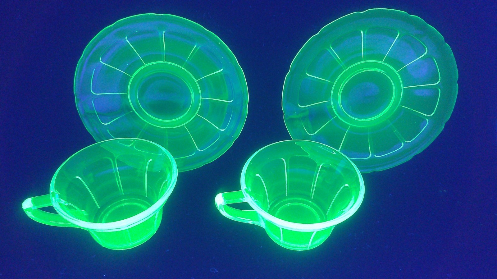 Uranium, Diamond Glass Co, Victory, Green, Cup & Saucer Sets, (2), c 1929, ExCd