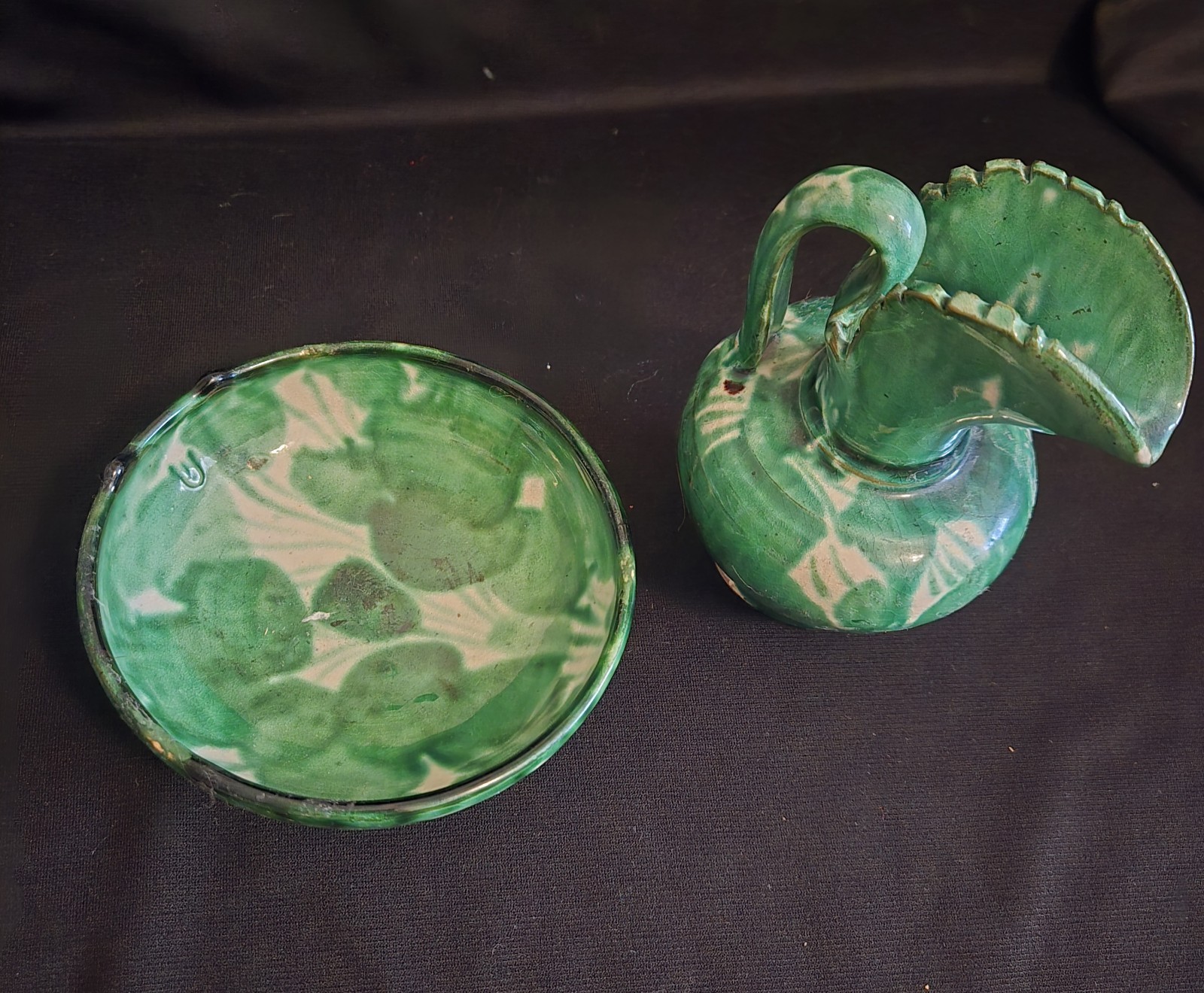 Vintage floral ceramic pitcher creamer and saucer, Green & White