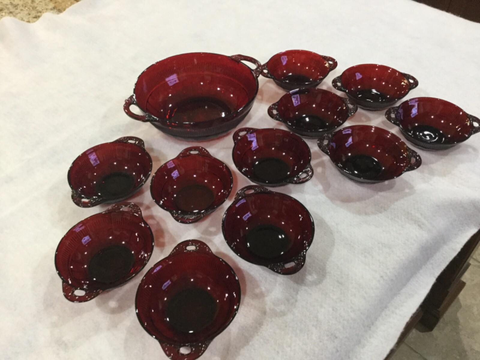 Beautiful twelve piece set of Royal Ruby bowls in “Coronation” pattern- Hocking