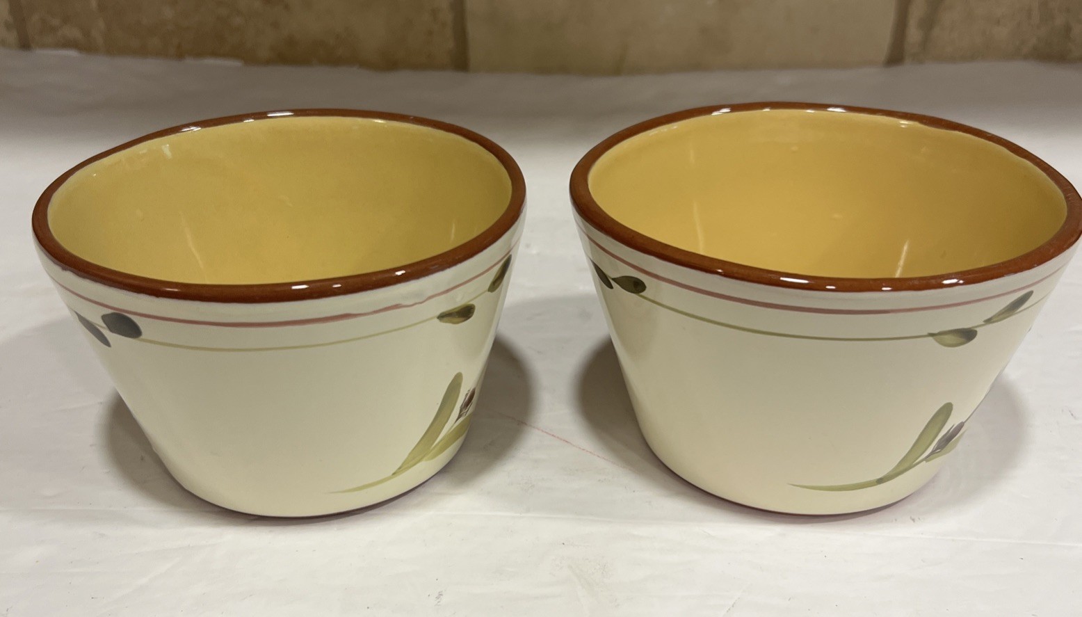 (2) CRATE & BARREL PROVENCE rustic OLIVE BRANCH Terracotta Serving Dip Bowls