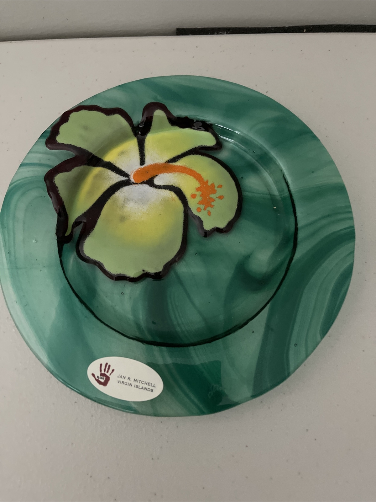 Jan Mitchell Studio Art Glass Signed Fused Hibiscus Plate Blue 5⅜” Diam