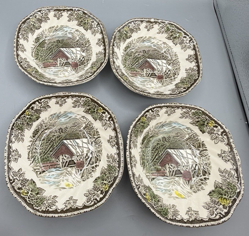 4 Johnson Bros The Friendly Village Covered Bridge Square Cereal Soup Bowls