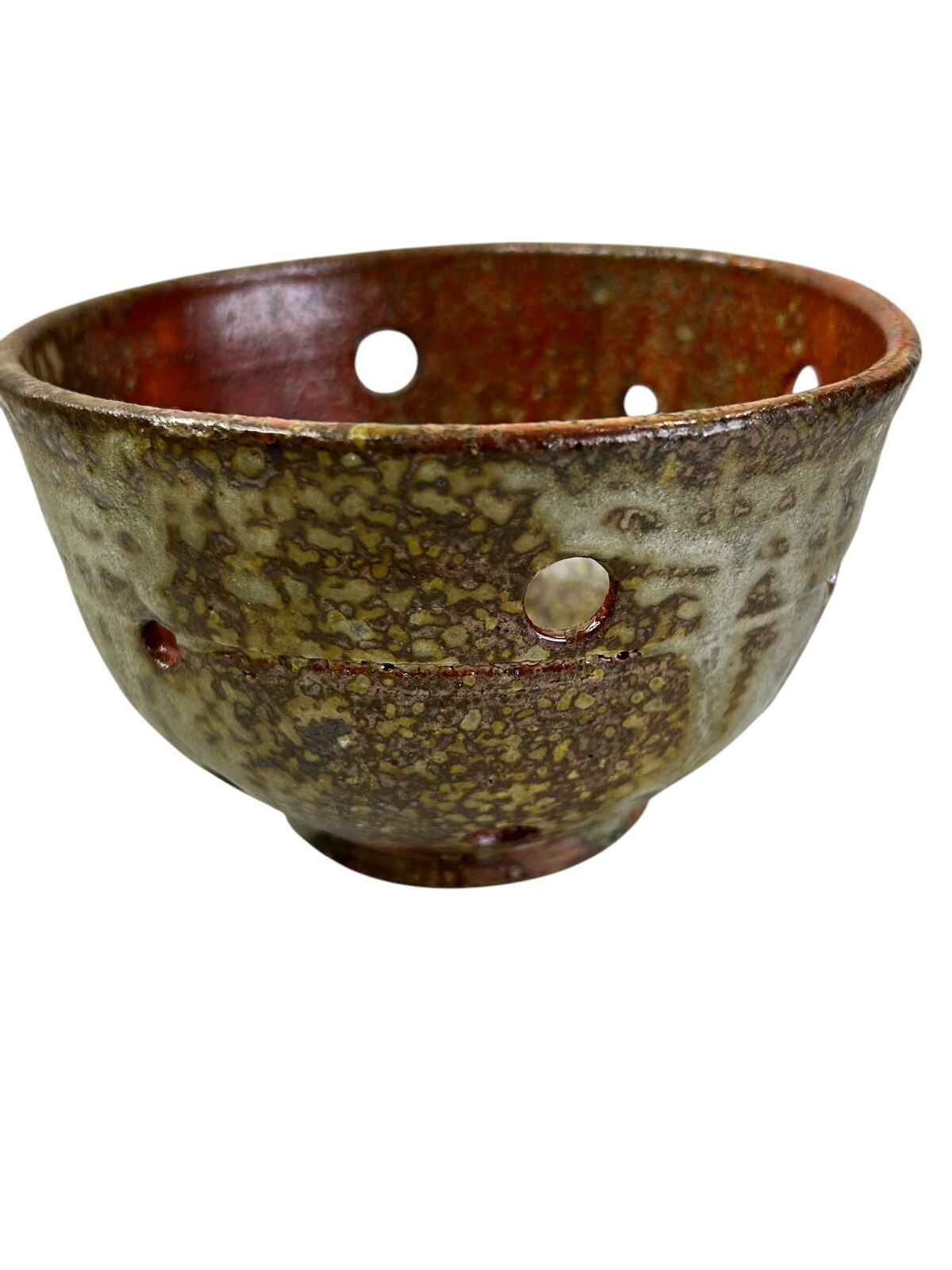 Studio Art Pottery Colander Strainer Fruit Bowl Brown Hand Made Signed NA