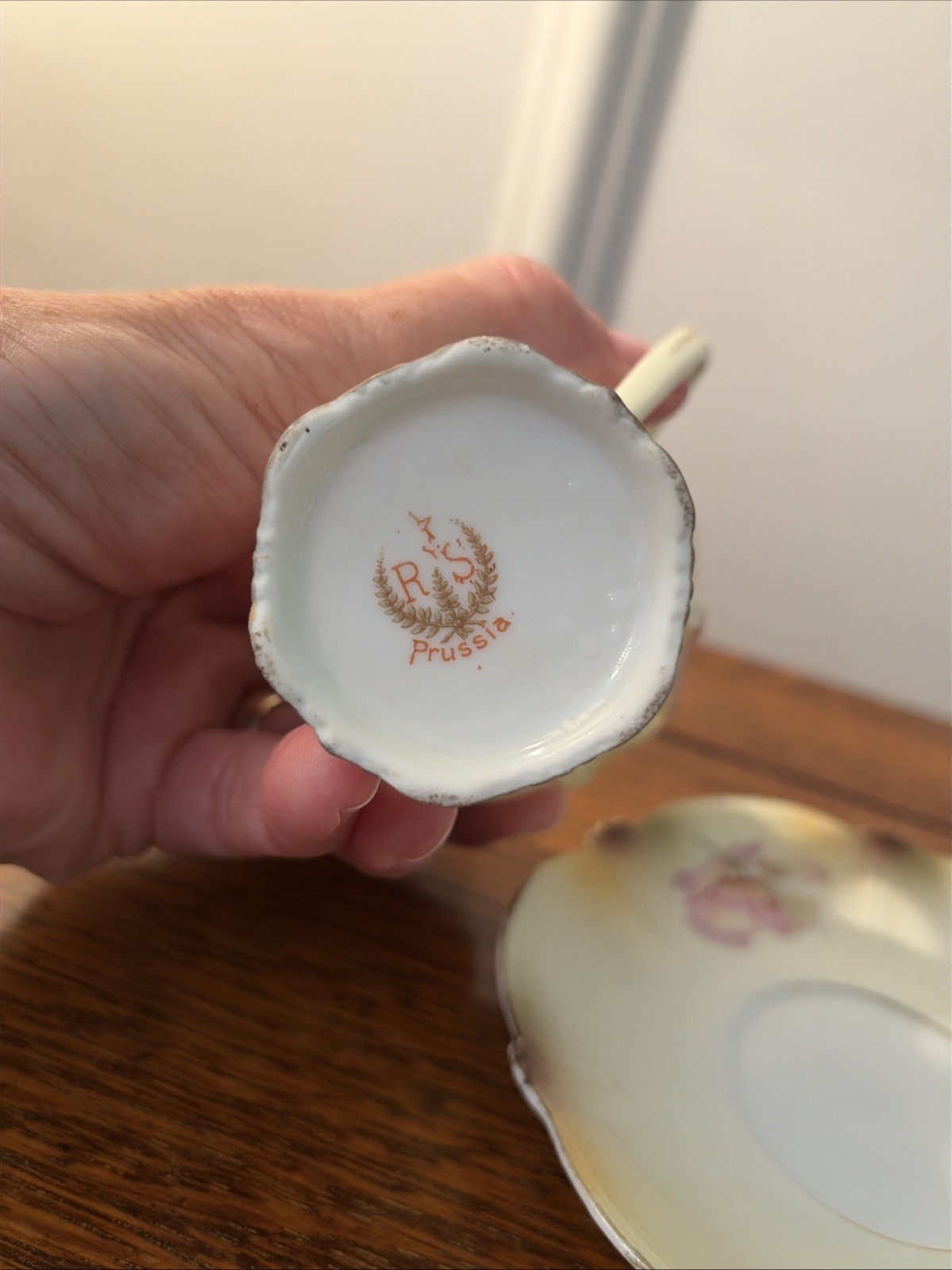 Antique RS PRUSSIA Floral Chocolate Cup & Saucer Set Pink Flowers Red Mark READ