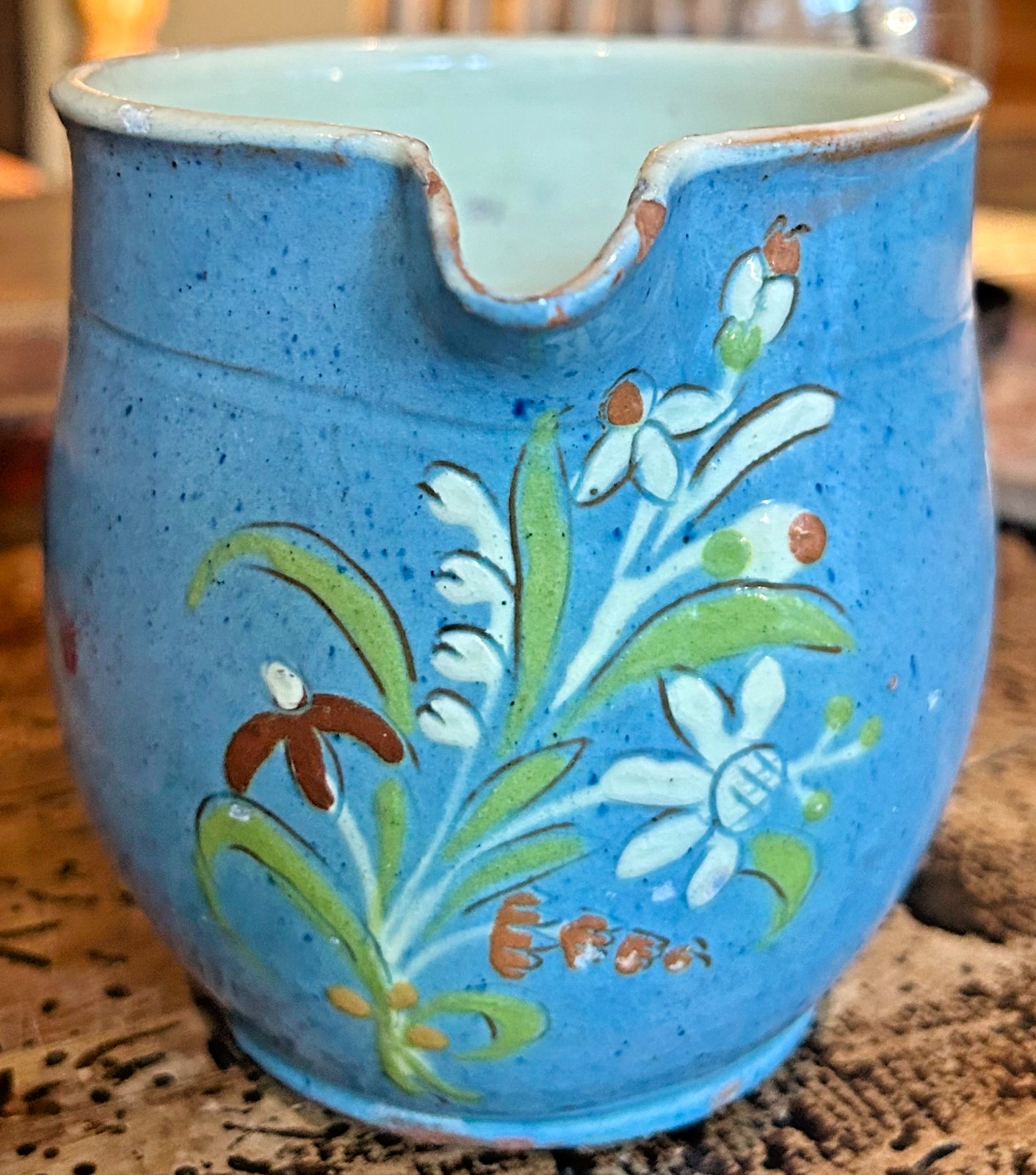 FRENCH ANTIQUE POTTERY CONFIT JASPE CERAMIC BLUE GLAZE EARTHENWARE JUG PITCHER