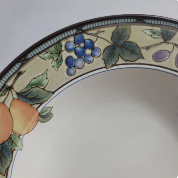 TWO Mikasa Intaglio Garden Harvest Rim Soup Bowls Fruit and Leaves on Rim
