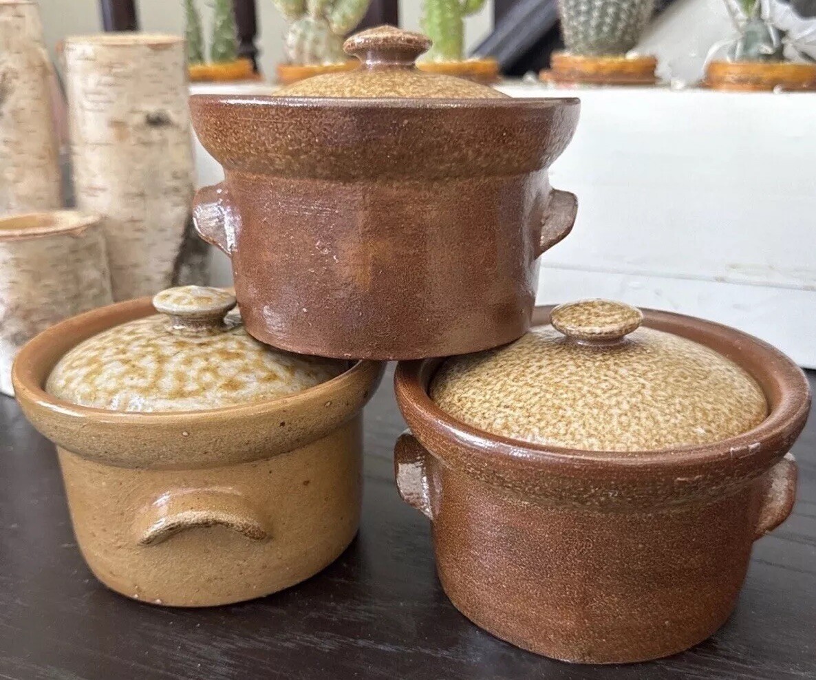 Studio Art Pottery Portugal Stoneware Speckled Glaze Small Pots