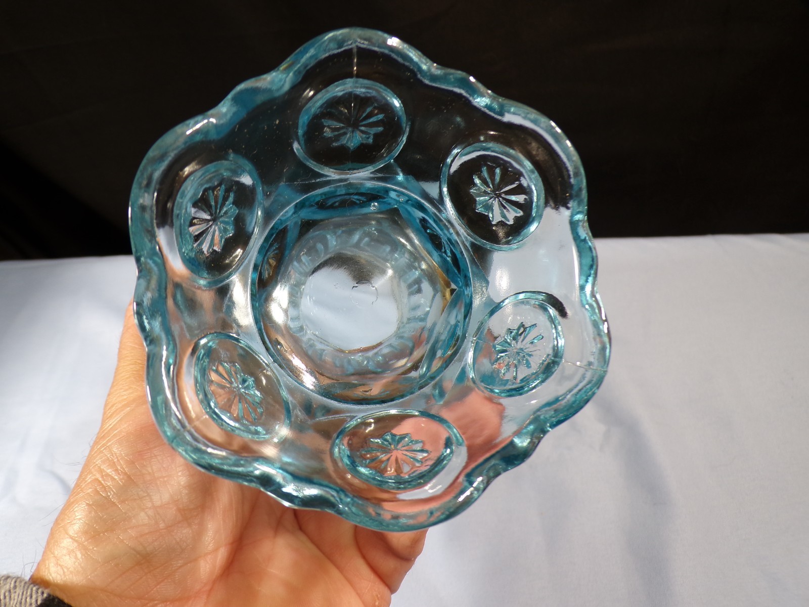 L.E. Smith Light Blue Glass Moon & Stars Creamer or Pitcher 6 1/4″ Tall