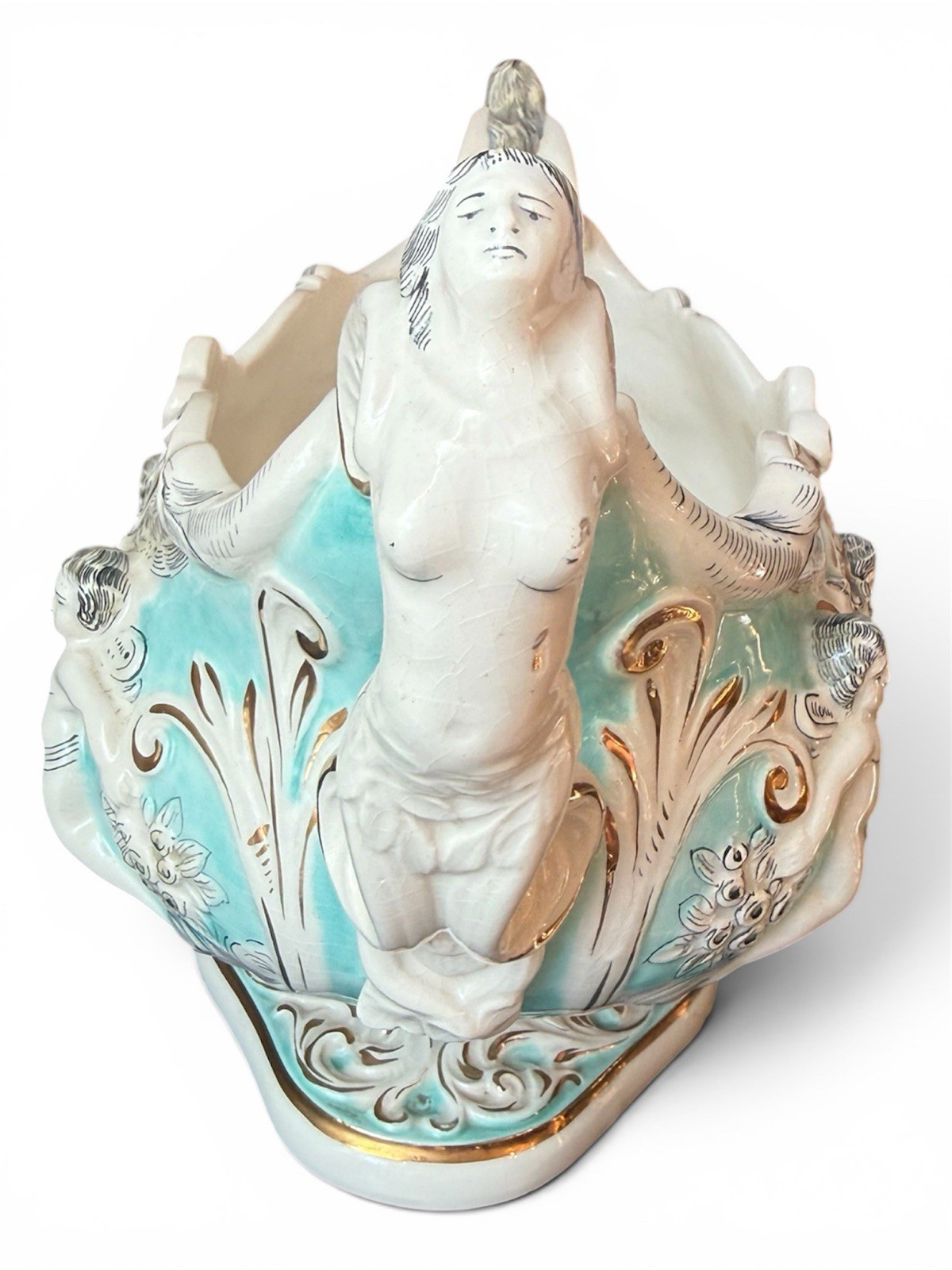 Very Rare Ardalt Capodimonte Mermaid Cherub Italian Porcelain Centerpiece Bowl