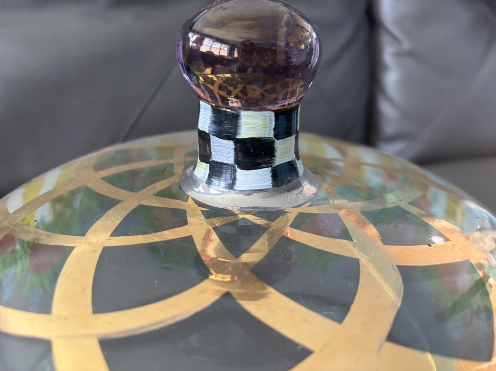 Mackenzie Childs Courtly Check Circus Glass Cake Dome and Wood Underplate