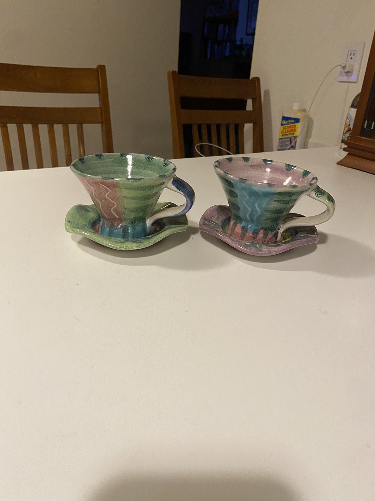 McKenzie Child Inspired Studio Pottery Cups & Saucers Handmade Signed Set Of 2