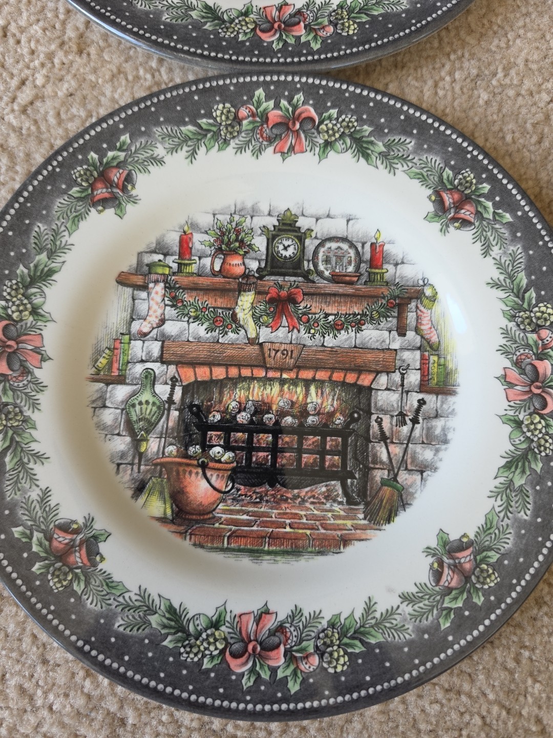 4ct Royal Stafford Salad Plate Christmas Eve Holiday Fireplace Hearth 1791 Set