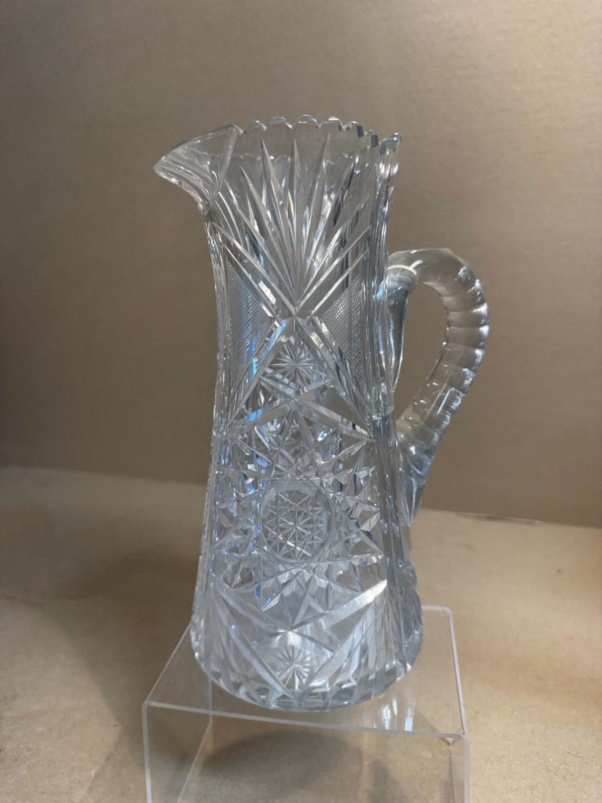 Vintage rare American Brilliant Cut Crystal Sawtooth Edge Pitcher Shabby Vase