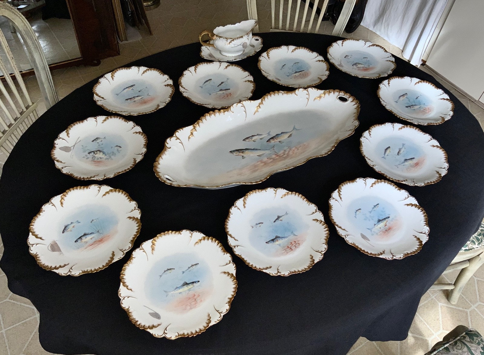 LAVIOLETTE ELITE LIMOGES FISH PLATTER & PLATE SET C.1896-1905 HIGGINS & SEITER