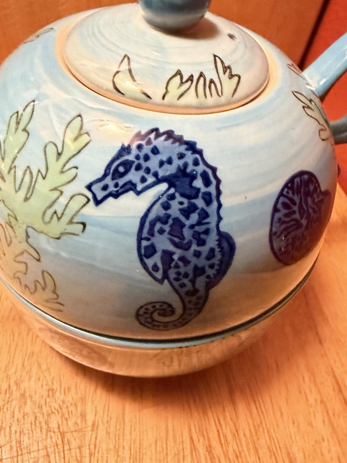 Yokohama Studio Hand Painted Blue/White Seahorse Ceramic Teapot w/ Lid Glossy