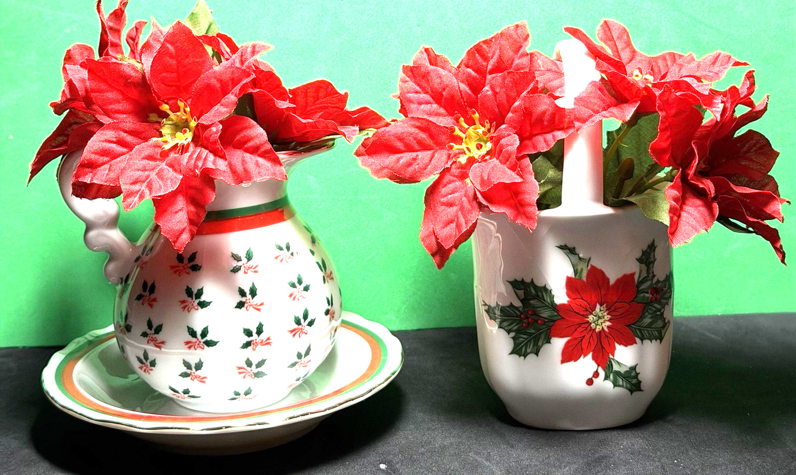 3 Vtg LEFTON Holly & Poinsettia Mini Pitcher Creamer and Basket Christmas Flower
